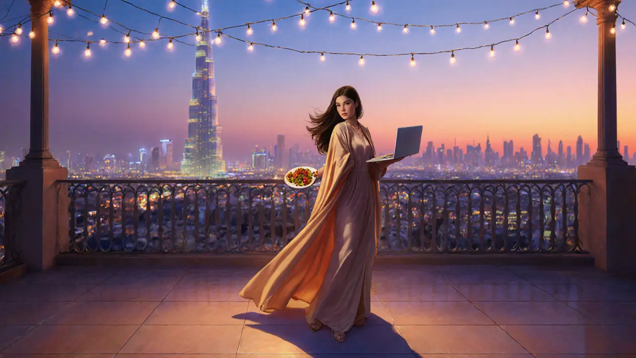 Woman on a balcony at sunset in Jumeirah, holding a laptop and food, Burj Khalifa in the distance.