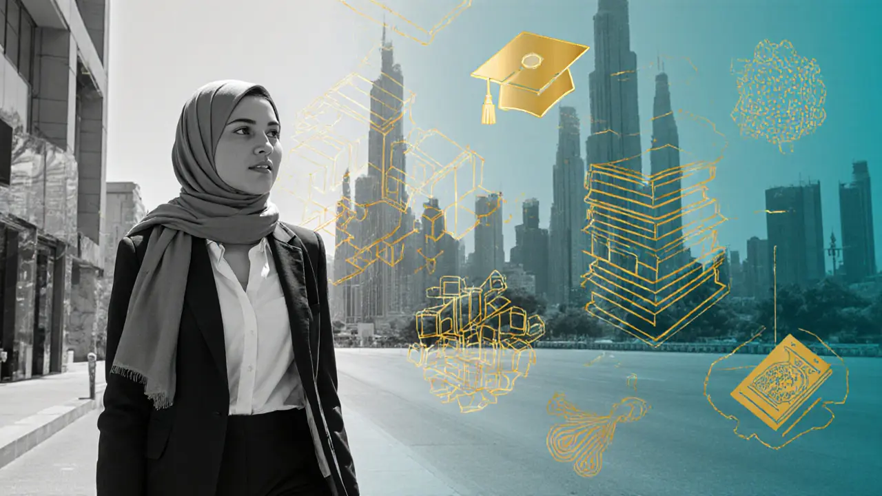 Woman walking through d3 with abstract symbols of education and culture blending into the city skyline.