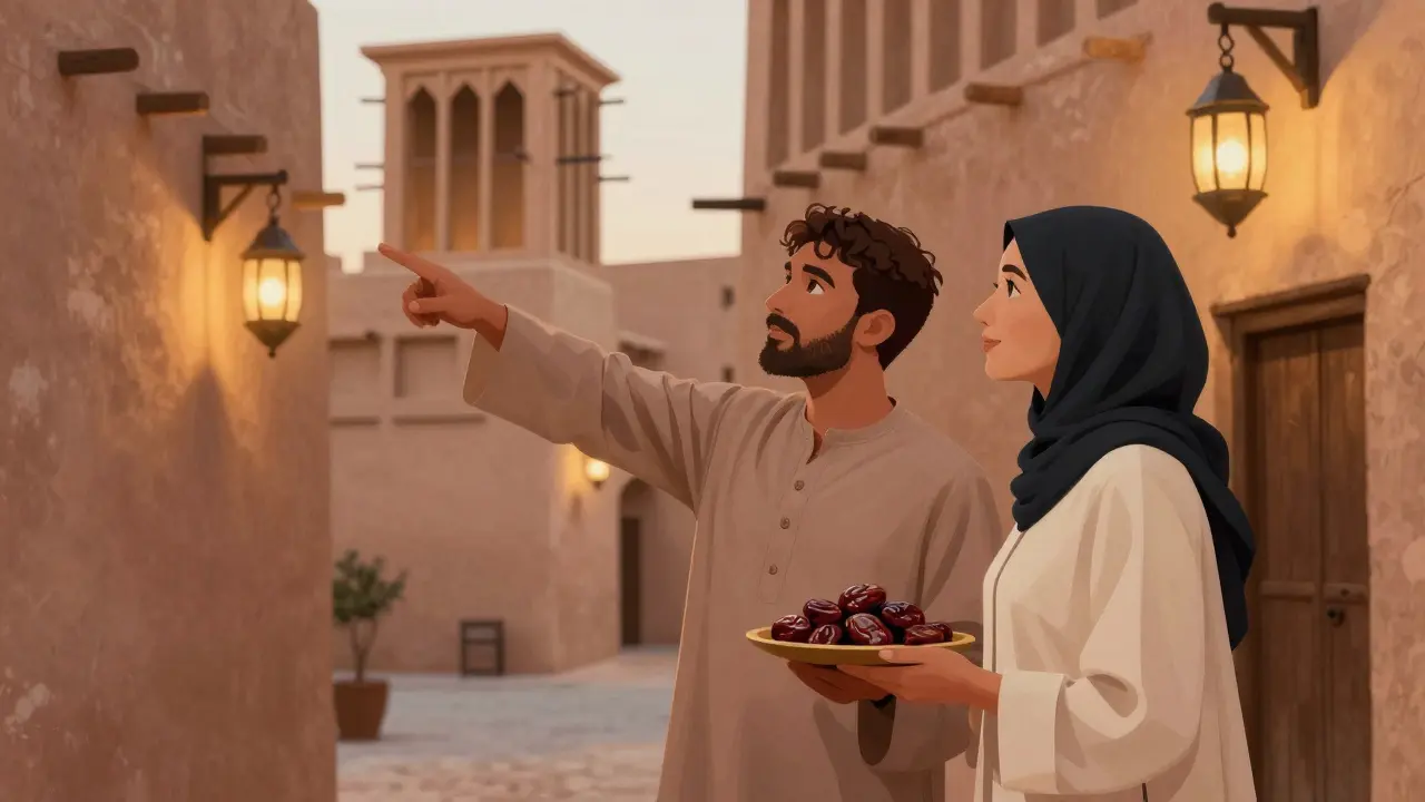 A companion guiding a visitor through historic Al Fahidi alleys, offering Arabic coffee and dates.