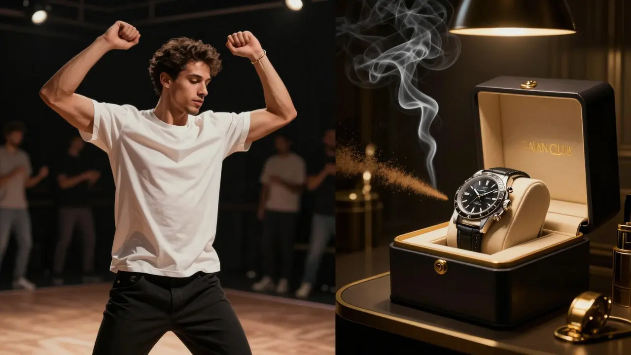 A confident young man dances while nearby, a luxury watch is unboxed—both symbols of Cavalli Club&#039;s authentic energy.