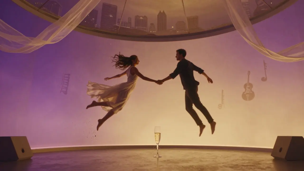 A couple holds hands as they drift slowly in golden light, with a floating champagne flute nearby in a private zero-gravity session.