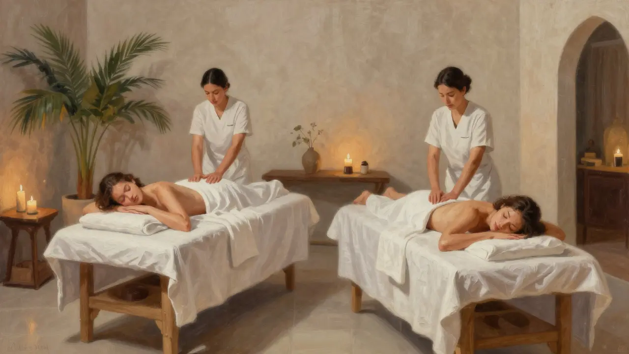 A couple receiving side-by-side massages in a peaceful villa setting with soft lighting.