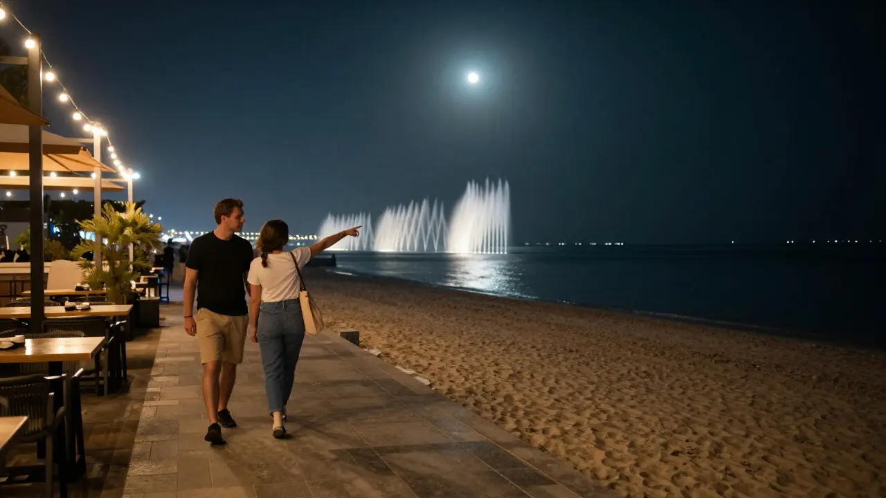 A couple walking along JBR at night, Dubai Fountain glowing in the distance under soft lights.