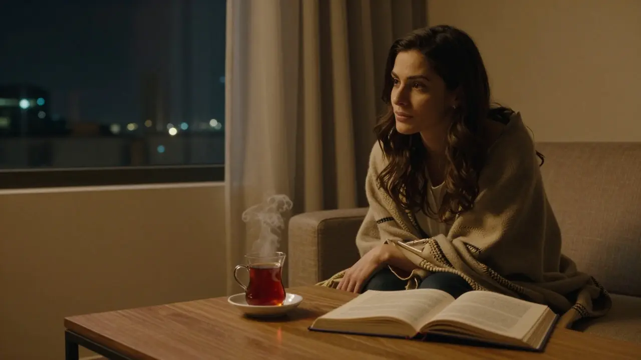A cozy apartment scene with tea and books, conveying quiet companionship in Dubai.