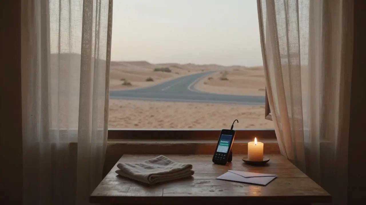 A desert villa at dawn with a burner phone and envelope, symbolizing silent trust.