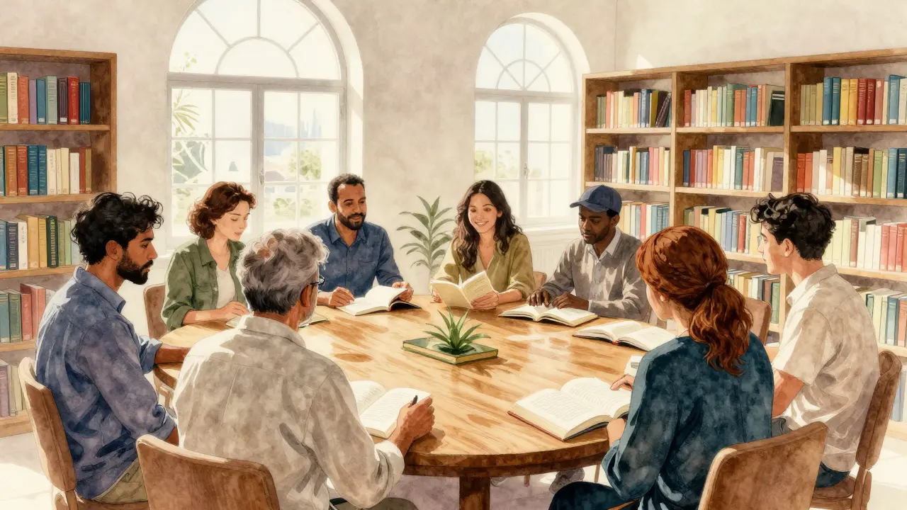 A diverse group engaged in a quiet book club at Bur Dubai Public Library, bathed in natural light.