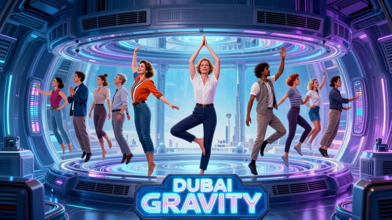 A diverse group of people float in various poses inside a high-tech chamber, with glowing panels and the Dubai skyline visible in the background.