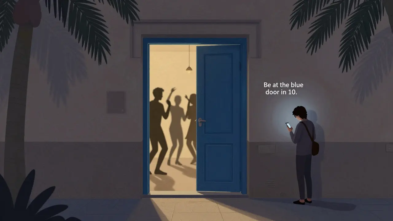 A glowing blue door in an alley at night, slightly open, hinting at a secret party inside