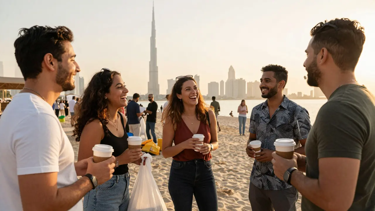 A group of diverse people enjoying a social event at a Dubai beach cleanup during sunset.