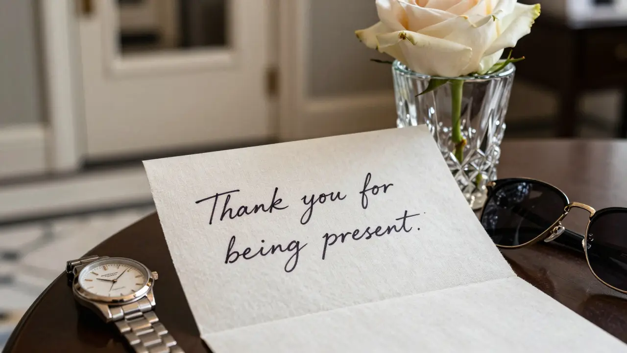 A handwritten thank-you note beside a rose on linen, suggesting a meaningful, discreet encounter.