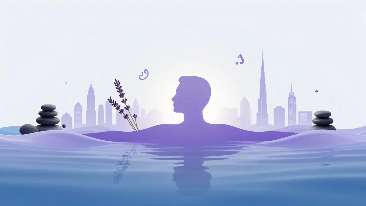 A human silhouette dissolving into calming blue and lavender waves, symbolizing stress release with floating massage elements.