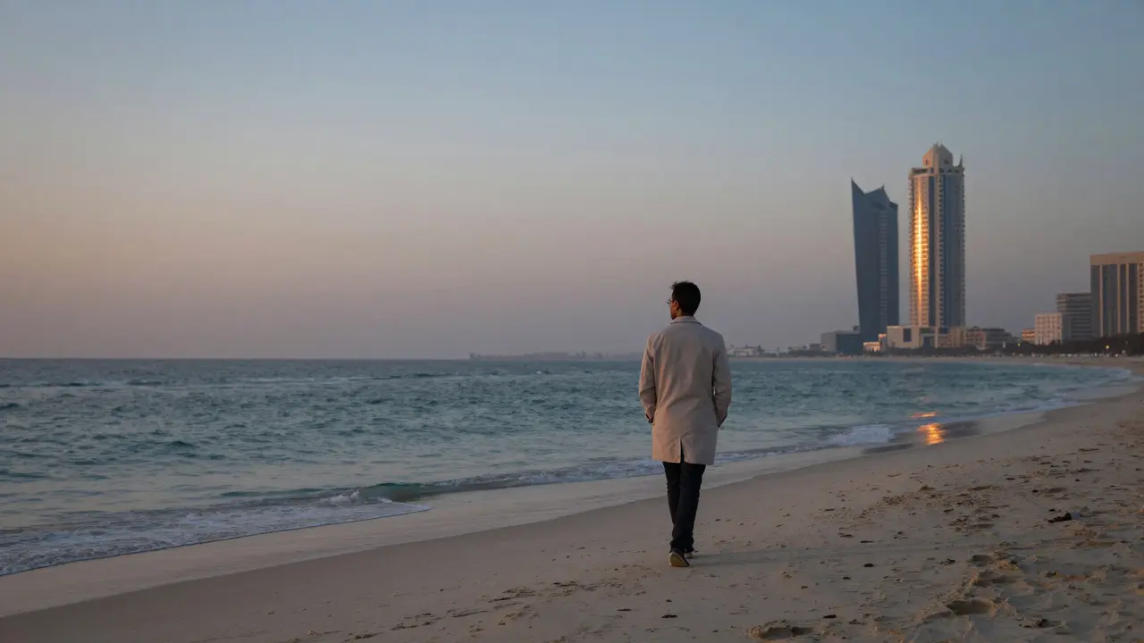 A lone figure walking on Dubai beach at sunrise, symbolizing solitude and hidden connections.