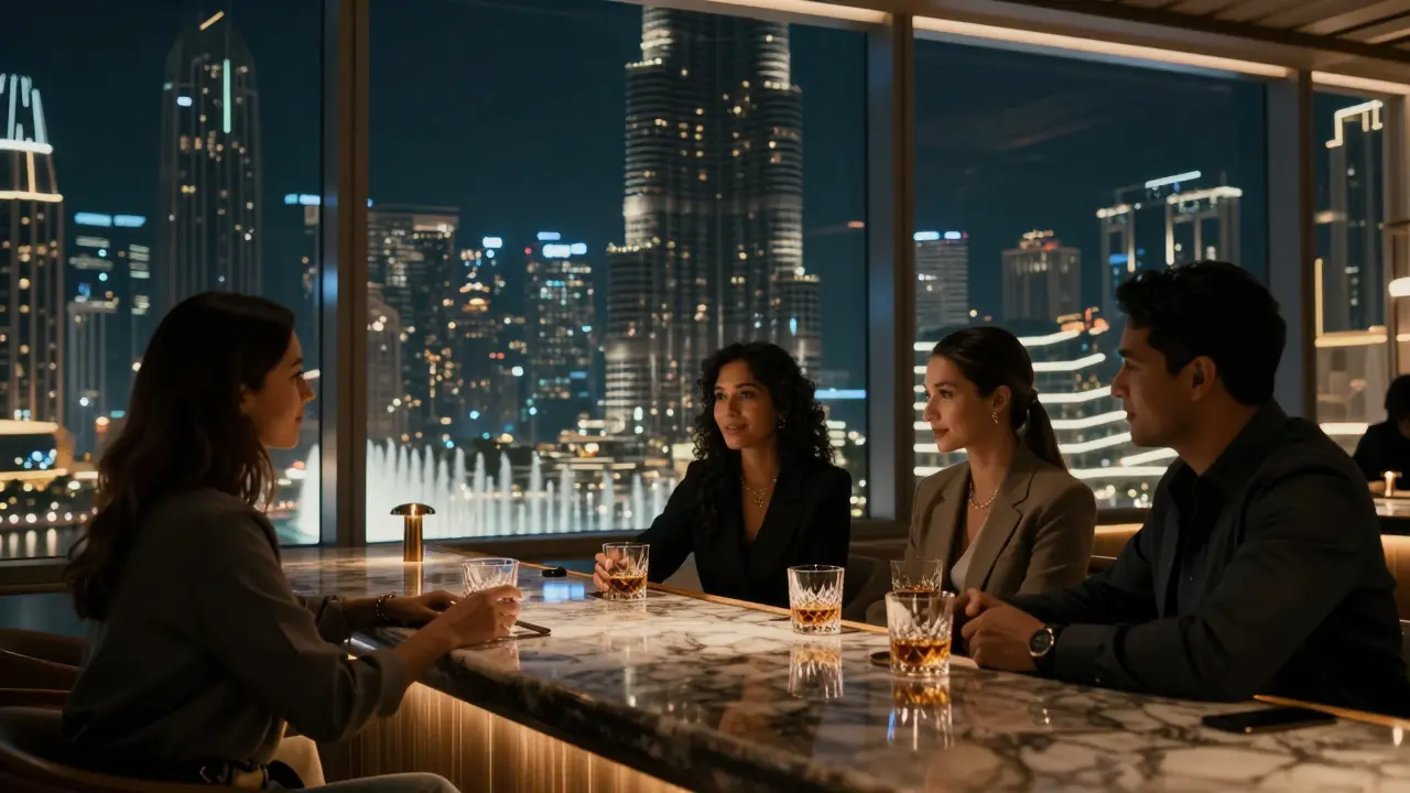 A luxurious 70th-floor lounge overlooking Burj Khalifa, with guests enjoying whiskey in quiet, intimate company.
