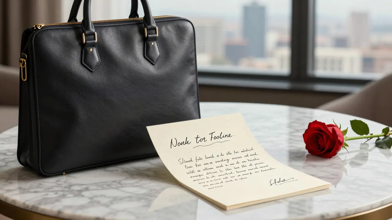 A luxury hotel suite with a handwritten note, rose, and briefcase symbolizing discreet, meaningful companionship.