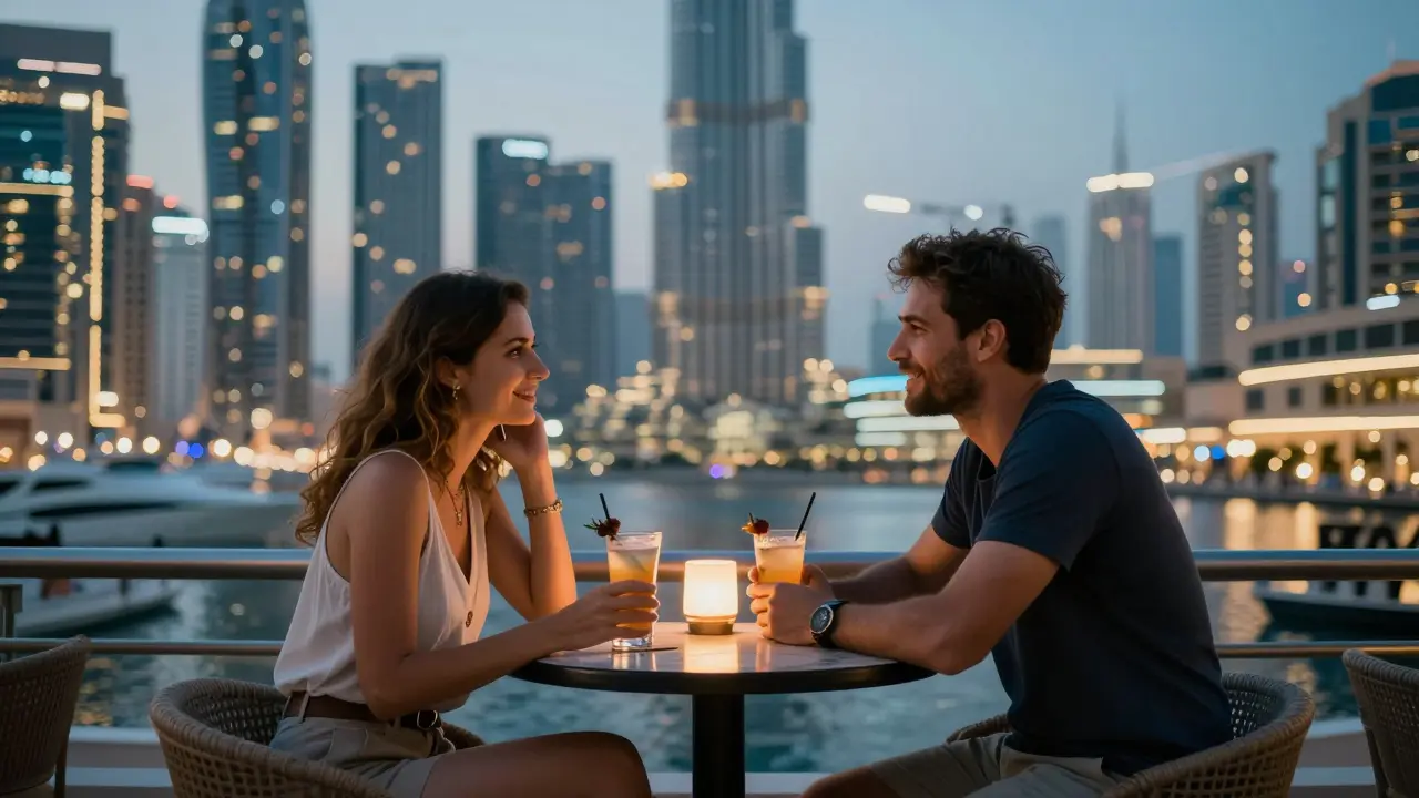 A man and woman enjoying cocktails on a Dubai rooftop bar as the city lights twinkle behind them.
