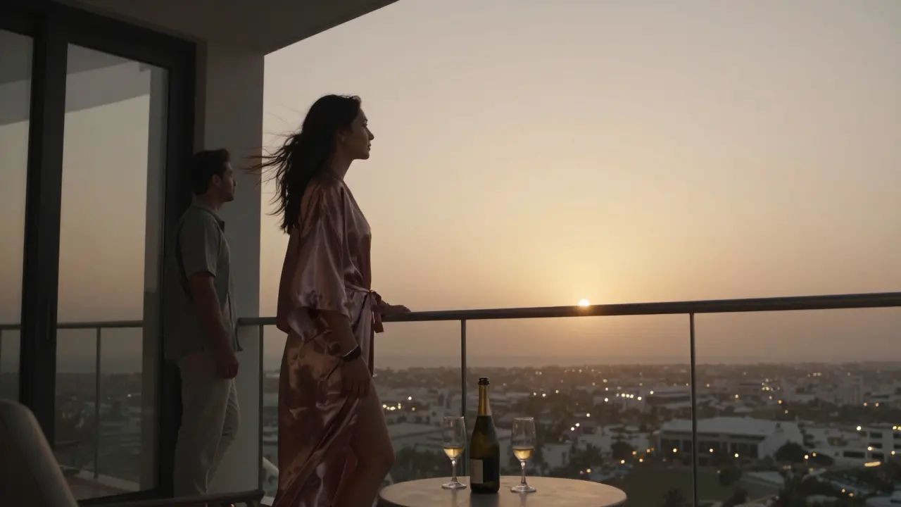 A man and woman share a quiet moment on a villa balcony at sunset, watching the Dubai skyline glow as the day ends.