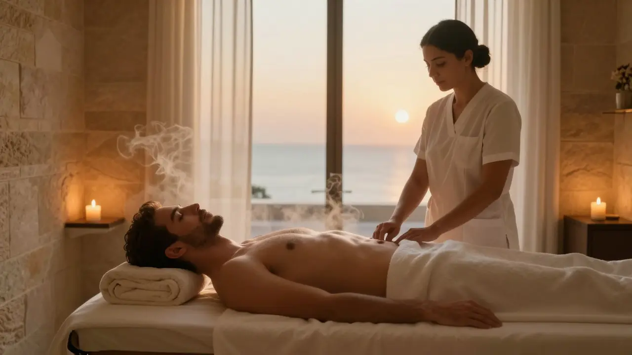 A man enjoying a peaceful massage at a luxury Dubai spa, soft lighting and calm ocean view.