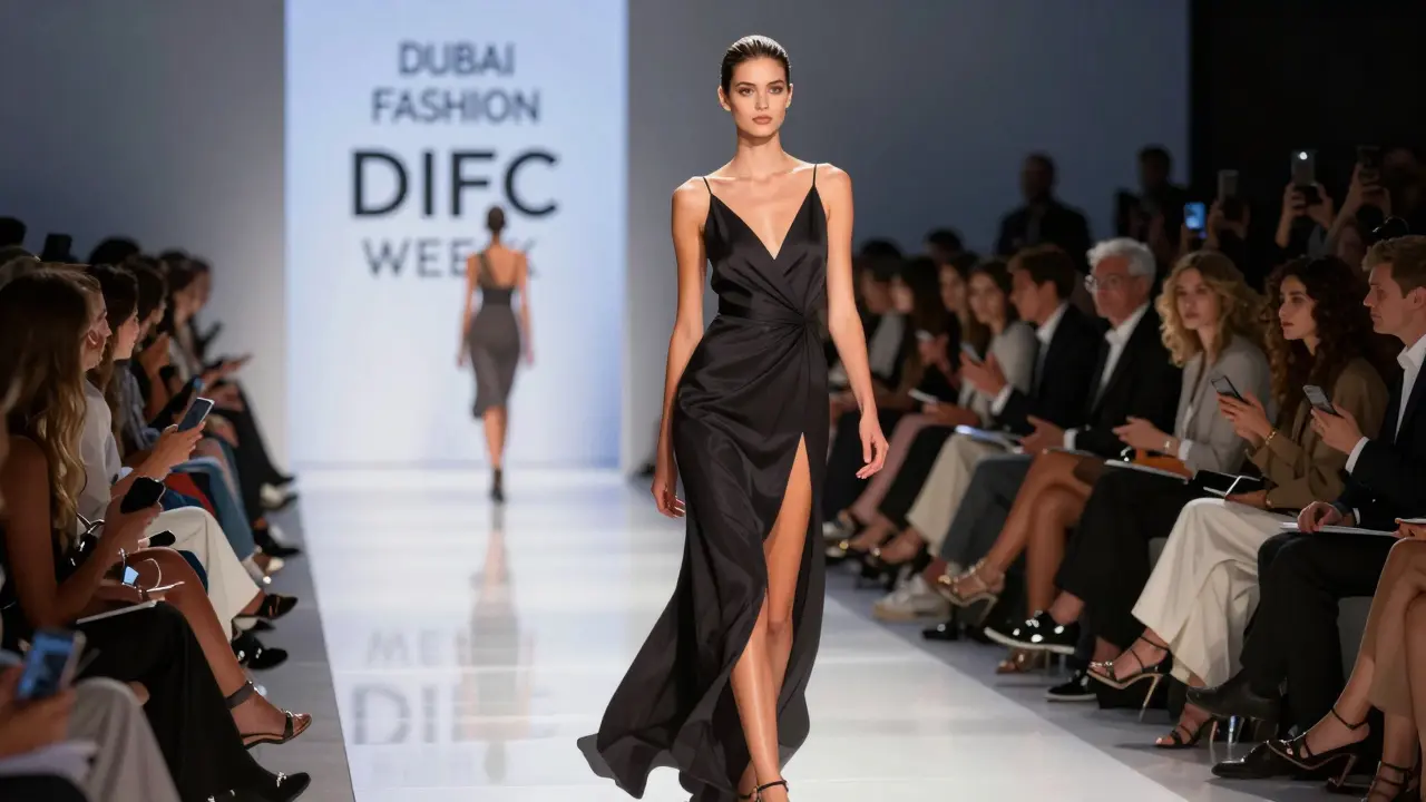 A model walking a runway in DIFC during Dubai Fashion Week under a spotlight.