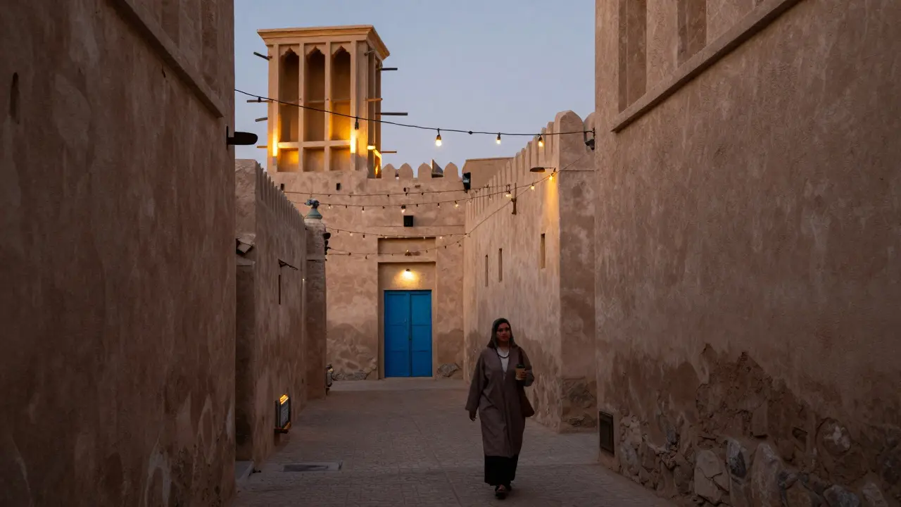 A narrow alley behind Al Fahidi Fort at dusk, a blue door glowing softly under fairy lights.