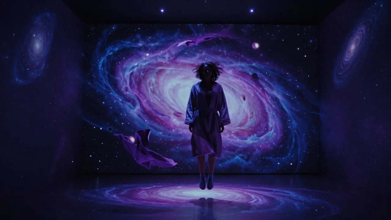A person hovers in a black-light chamber surrounded by cosmic projections, wearing a robe as stars drift above.