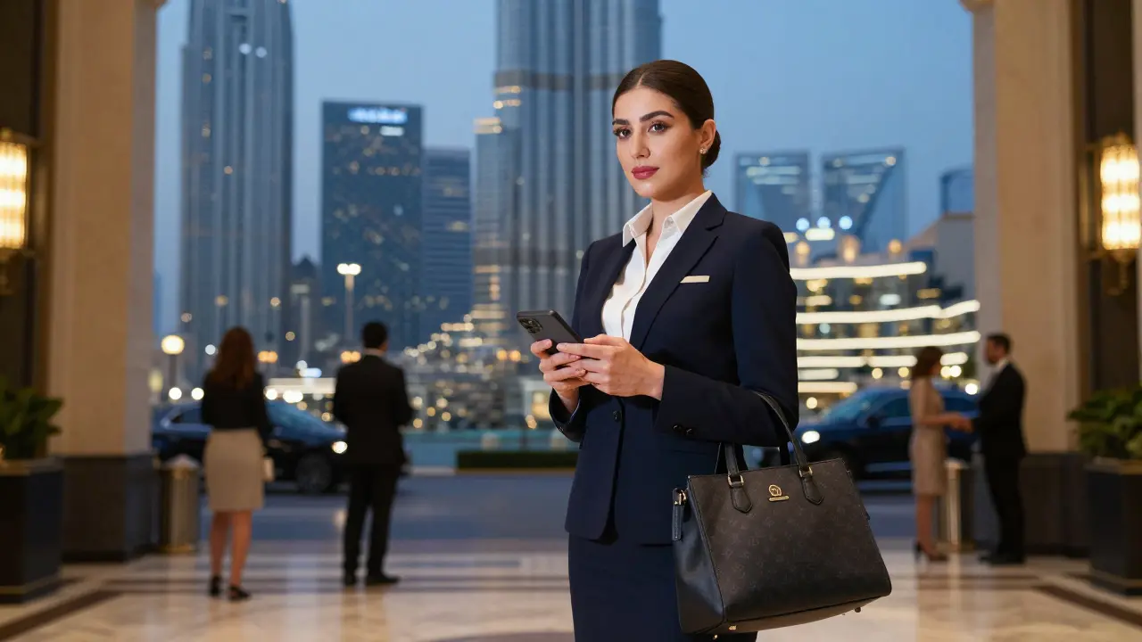 A professional female companion standing confidently in a luxury hotel lobby, discreet and elegant.