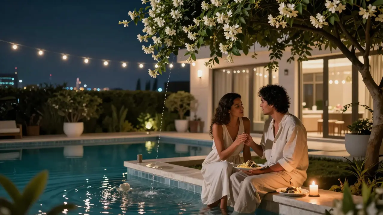 A serene private garden villa at night with string lights, a reflecting pool, and a couple sharing a quiet moment.
