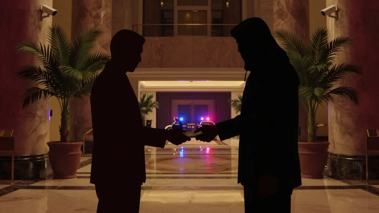 A shadowy transaction in a Dubai hotel lobby, surveillance cameras watching, police sirens reflected on the floor.
