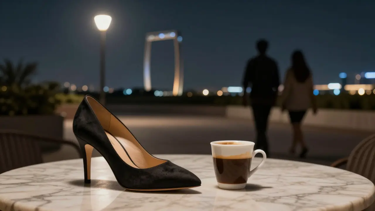 A single high-heeled shoe and coffee cup sit on a marble table, symbolizing a quiet, meaningful evening in Dubai.