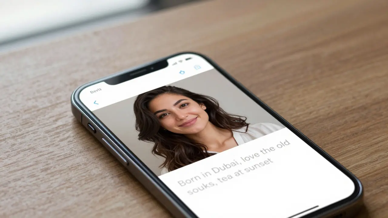 A smartphone displaying a simple escort profile on a quiet wooden table, no faces visible.