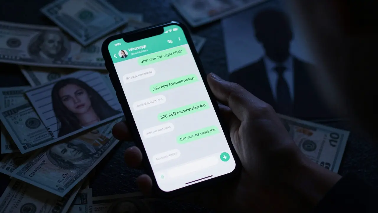 A smartphone showing a suspicious WhatsApp message with money and a shadowy figure in the background.