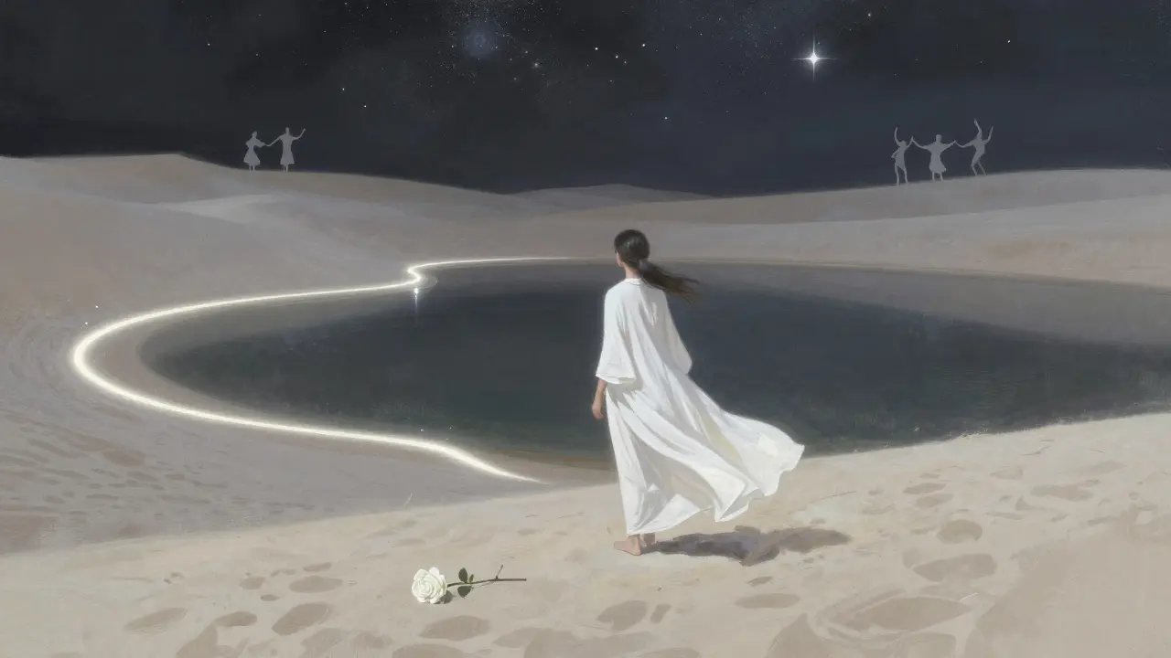 A solitary figure in white stands at a desert lake at night, surrounded by glowing paths and distant dancers.