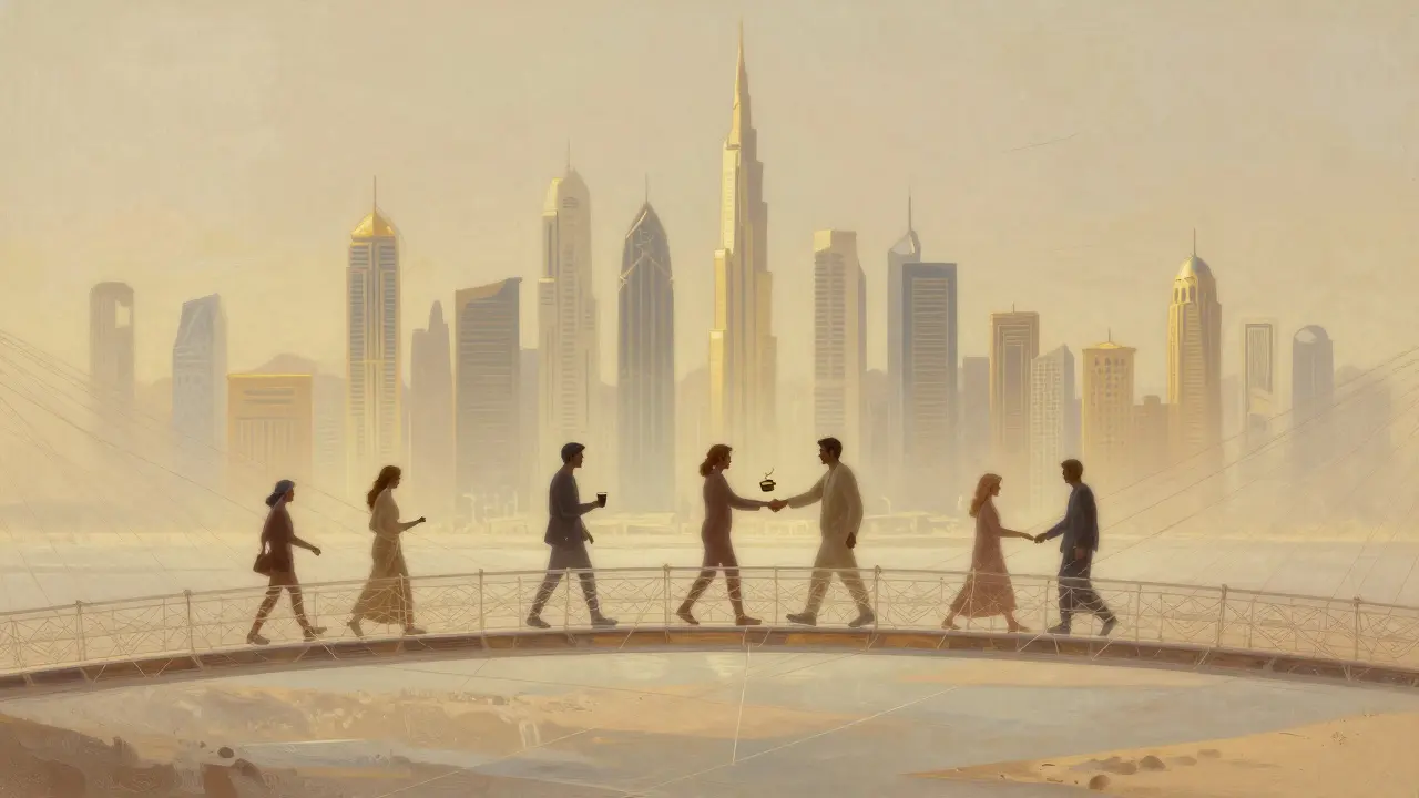 A symbolic bridge linking Dubai&#039;s modern skyline to traditional Bedouin patterns, representing cultural connection.