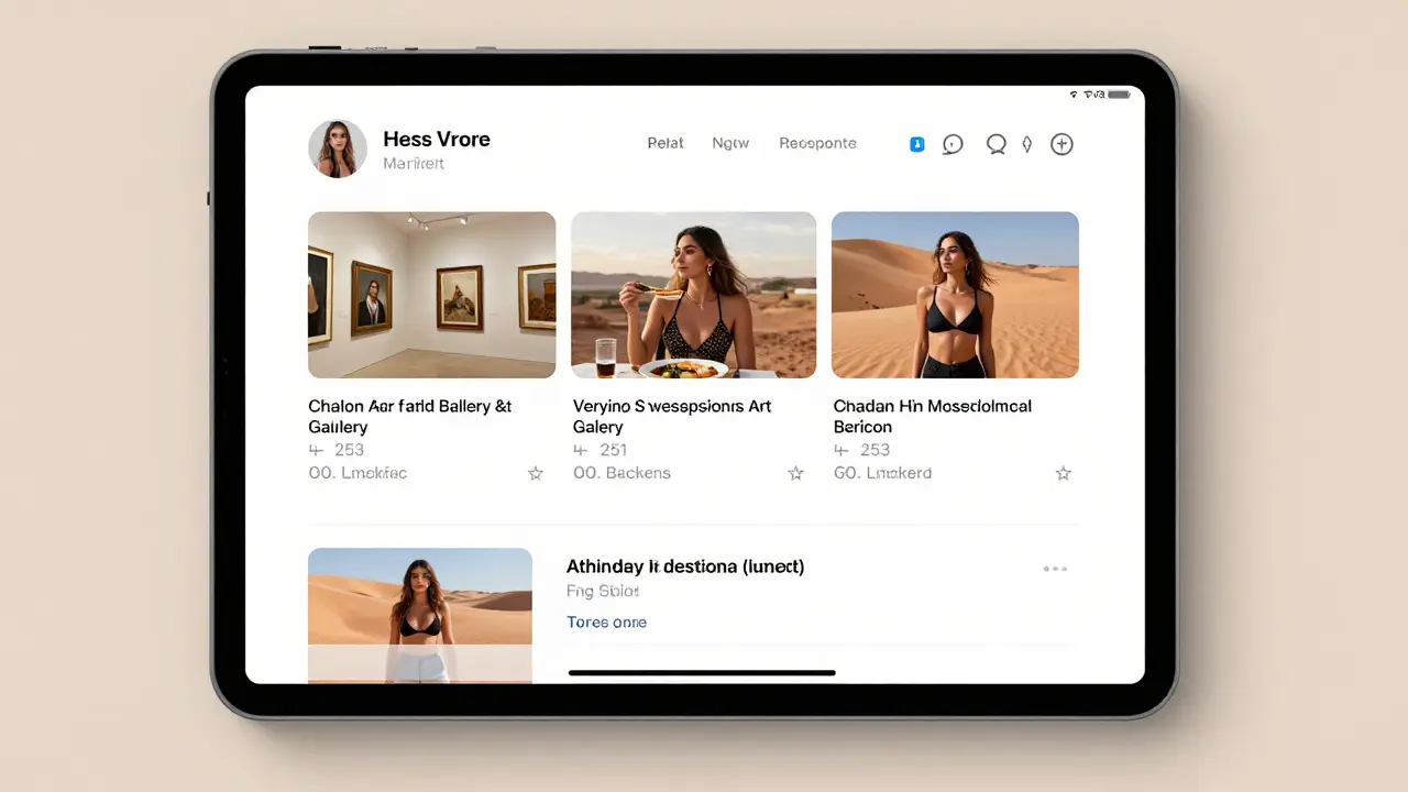 A tablet displaying a verified escort&#039;s authentic social media feed with art, travel, and dining photos.