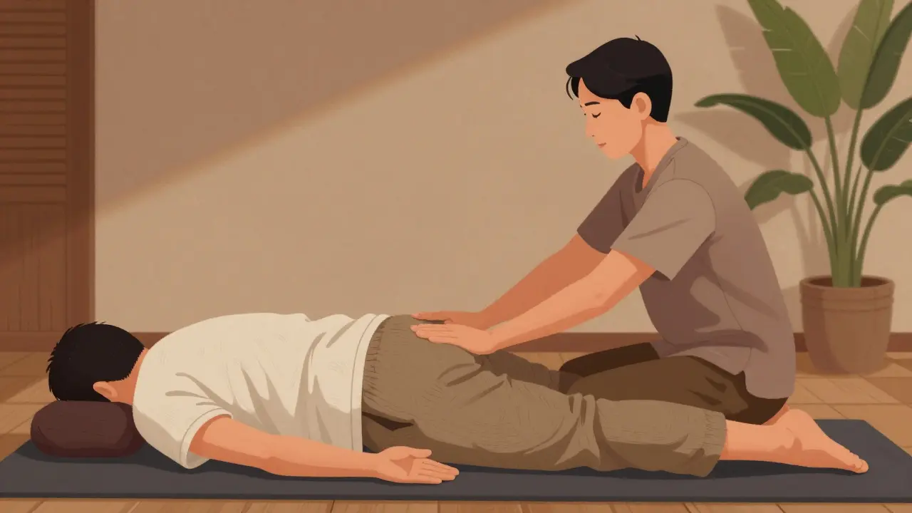 A Thai massage therapist gently stretching a client’s limbs in a quiet, earth-toned studio with palms in the background.
