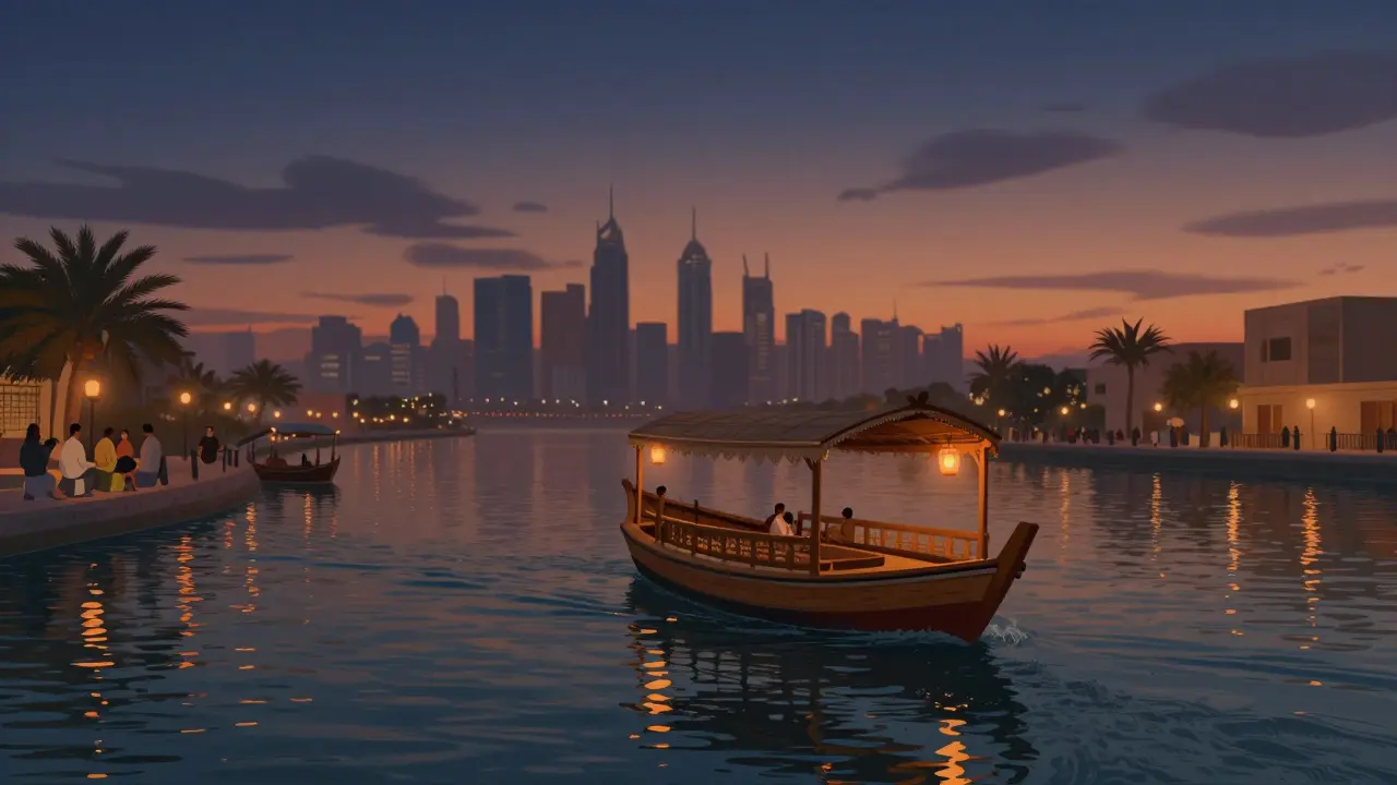 A traditional abra boat on Dubai Creek at sunset, with lanterns glowing and locals chatting on the shore.