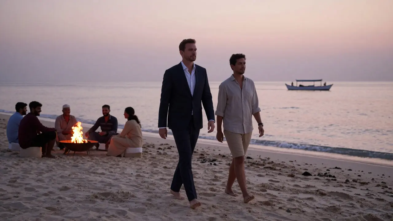 A woman and traveler walking peacefully along a quiet Dubai beach at dusk.
