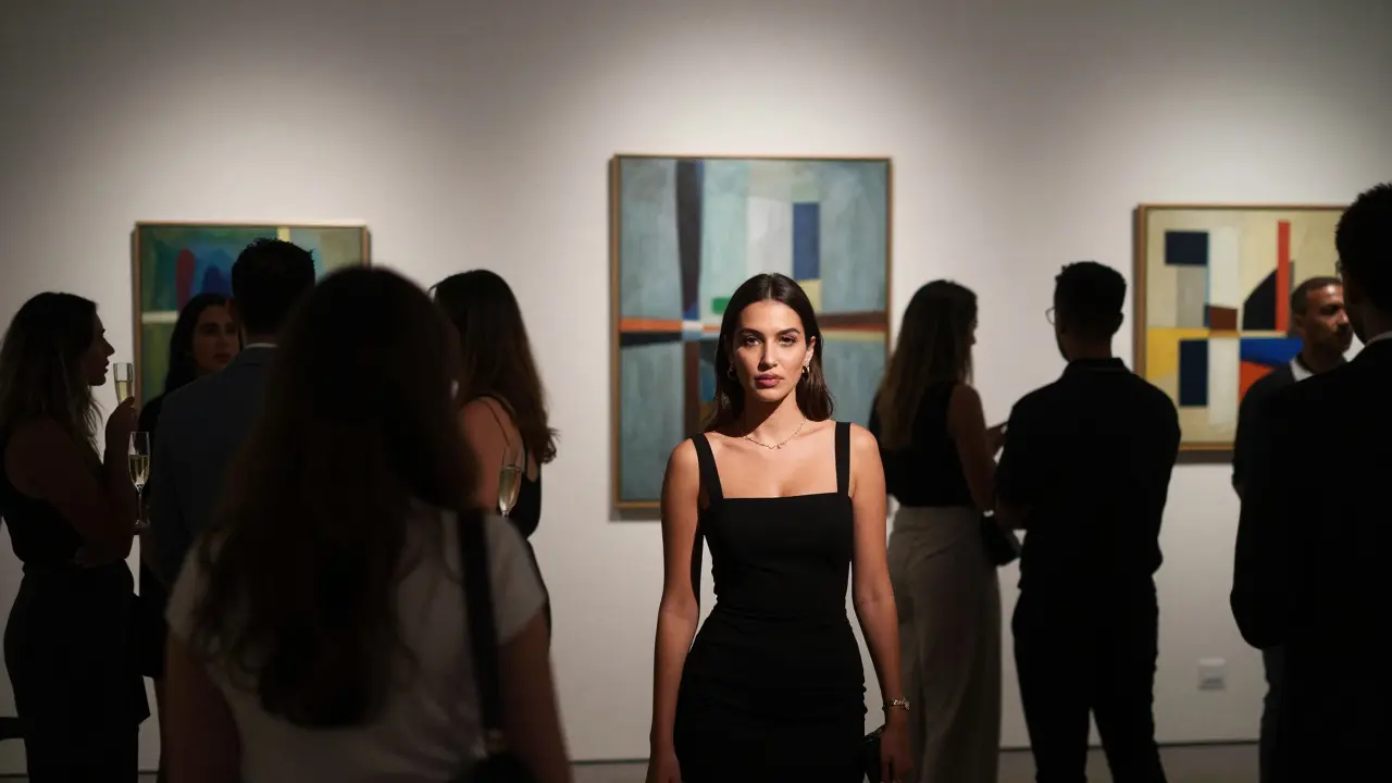 A woman blending into an elite art gallery crowd in Dubai, unseen but noticed.