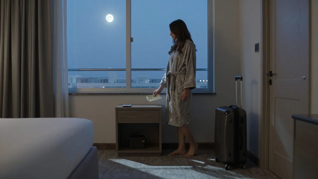 A woman in a hotel room holding cash on a nightstand, suitcase by the door.