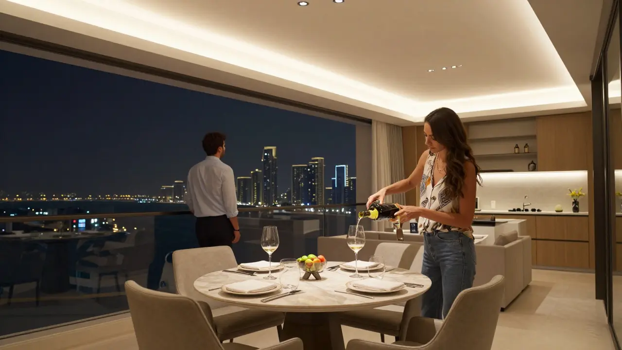 A woman pouring wine in a modern Dubai apartment, sharing a quiet evening with a guest.