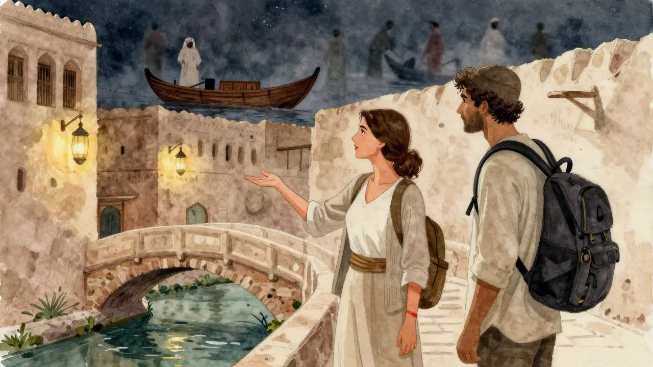 A woman shows a traveler a hidden courtyard in Al Seef, lanterns glowing above a calm creek under the night sky.