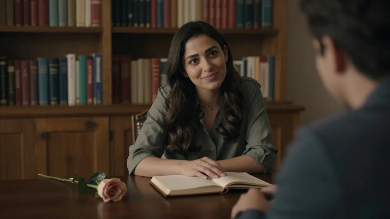 A woman sits across from a client in a book-lined study, offering quiet presence with a single rose and open journal on the table.