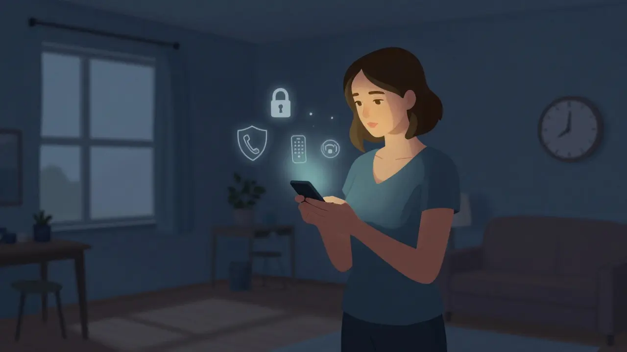 A woman stands in a rented apartment surrounded by symbolic safety tools glowing softly.