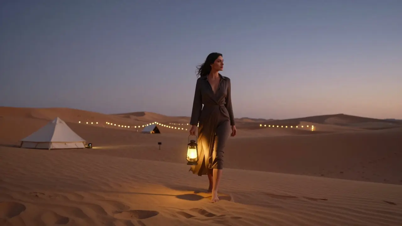 A woman walking through a desert camp at dusk with a lantern, symbolizing a guided companionship experience.