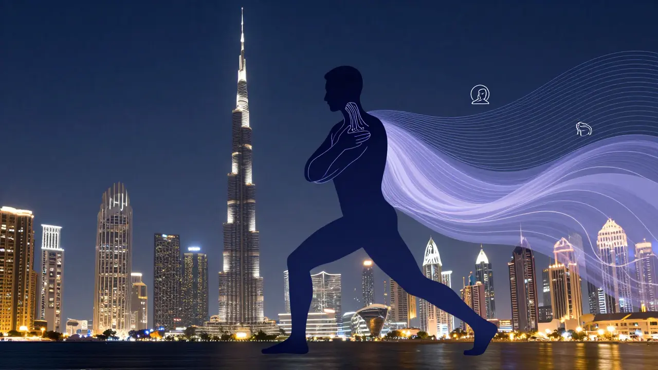 An artistic silhouette showing massage techniques dissolving stress symbols against the Dubai skyline at night.