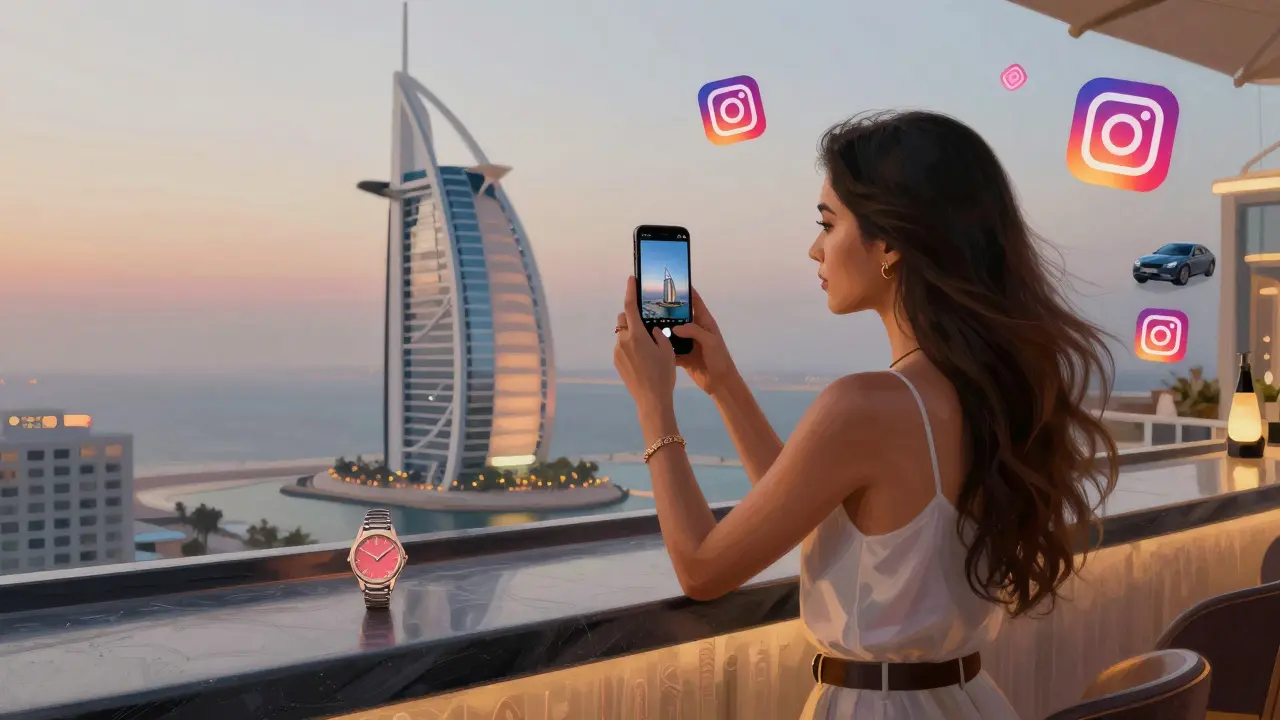 An influencer taking photos on a rooftop bar with luxury brand icons floating around her.