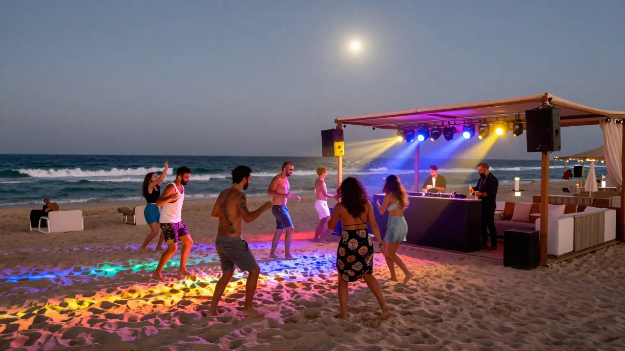 Beach club at midnight with people dancing on sand under colorful lights and ocean waves crashing nearby.