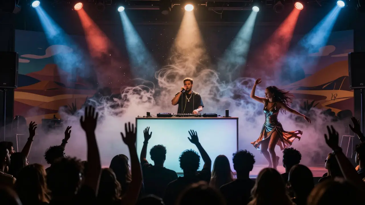 Black Coffee performing live at Cavalli Club as colorful lights swirl around the stage and guests raise their hands.