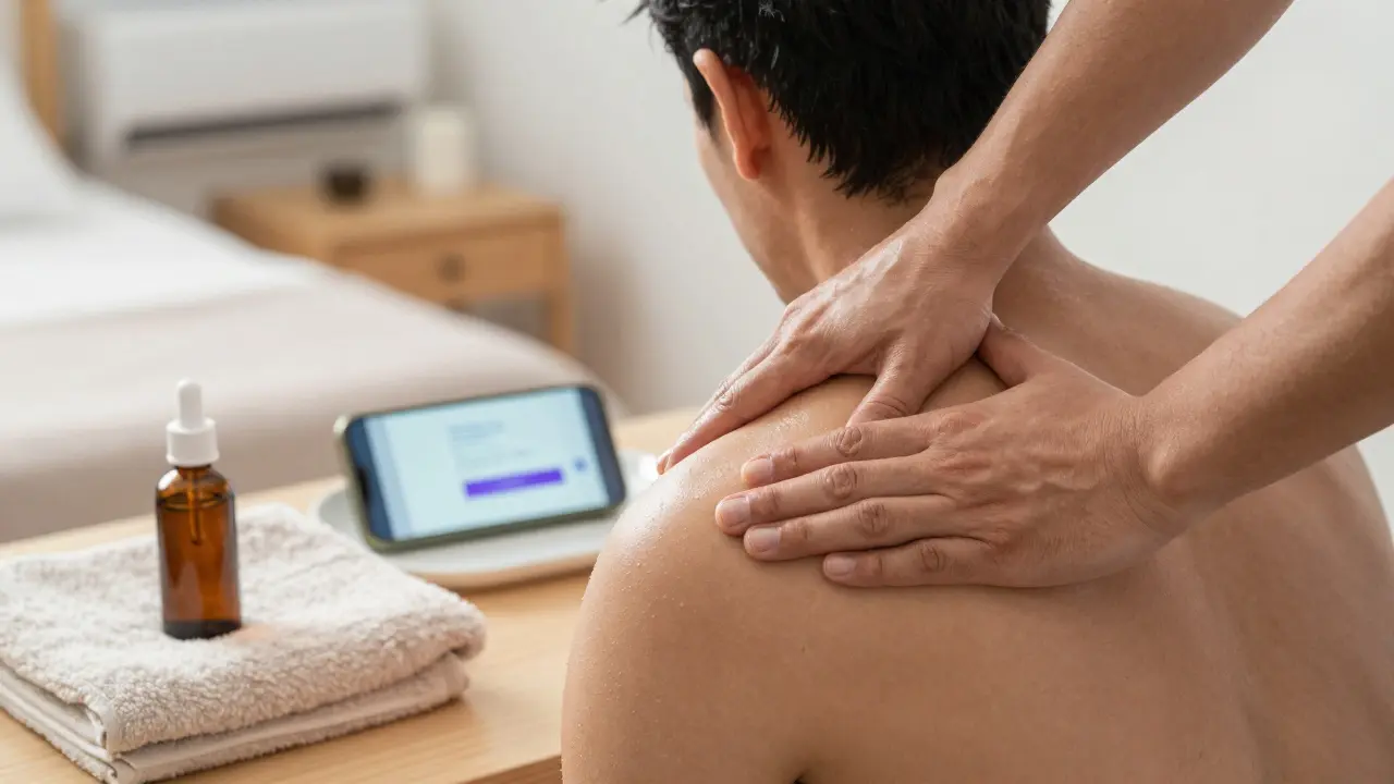 Close-up of a therapist&#039;s hands performing deep tissue massage with oil and towels nearby.