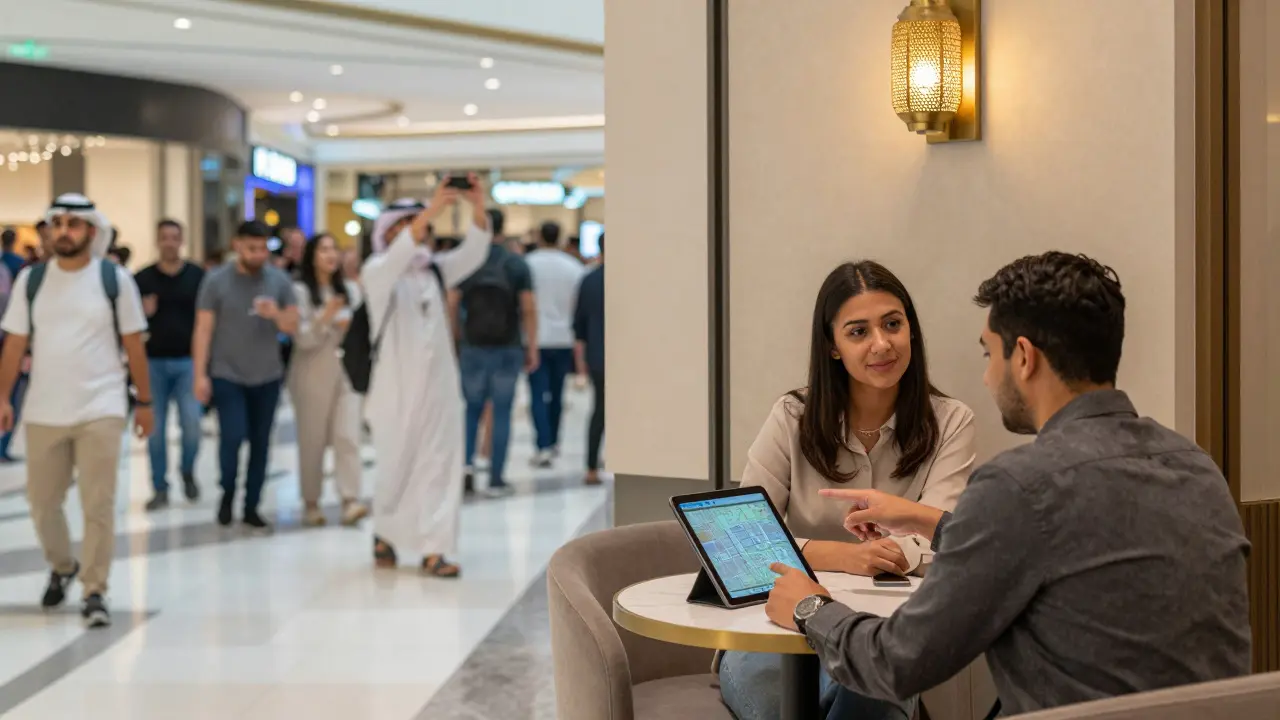 Contrasting scenes: crowded Dubai Mall versus a quiet café where two people share a quiet moment over a map.
