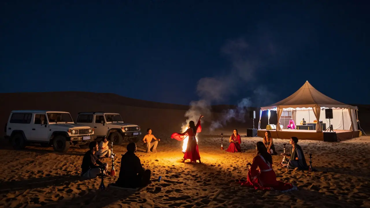 Desert party under stars with fire dancer, guests dancing around a tented stage amid dunes and shisha smoke.